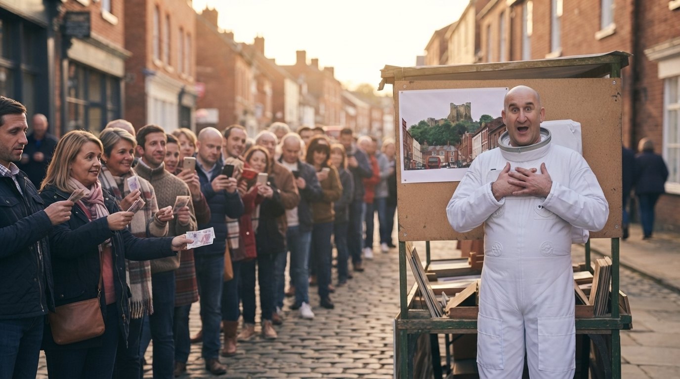 A long queue of customers holding cash and phones, with Darryll in a spacesuit at the stall looking delighted