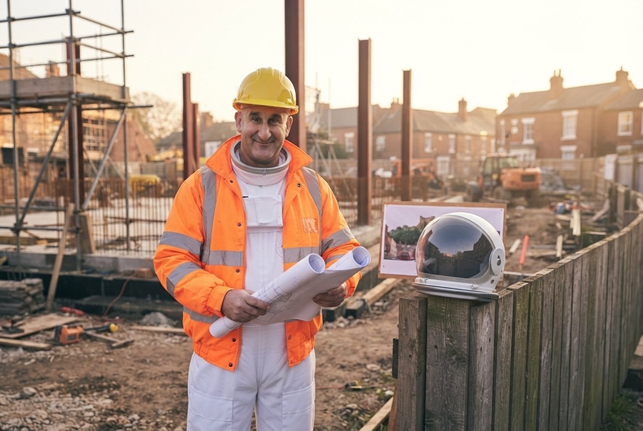 Darryll in a hard hat and hi-vis over a white spacesuit on a building site, holding blueprints, with his space helmet on a fence post beside him