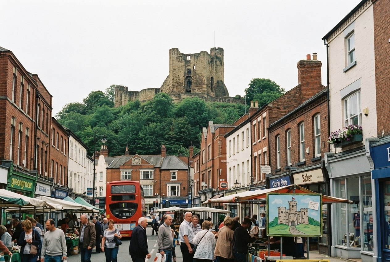 Dudley town centre with the ruined castle on its wooded hill above a busy market street