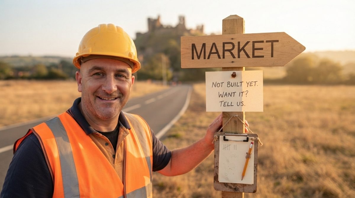 Darryll grinning beside a Market signpost with a handwritten note reading Not built yet, want it, tell us, and a clipboard of tally marks hanging below