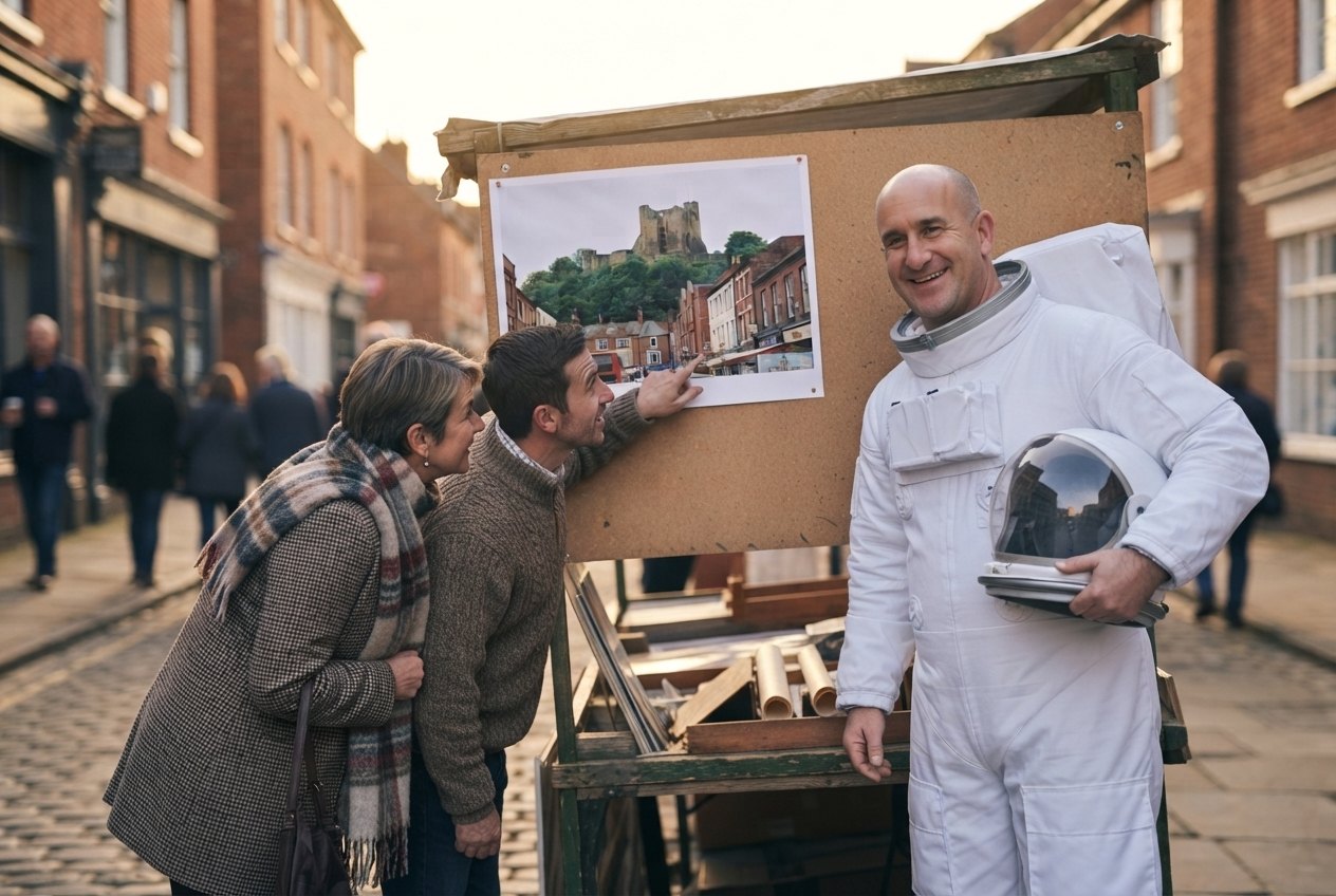 Darryll in a spacesuit with his helmet under one arm at the stall, grinning while two customers point at the Dudley poster
