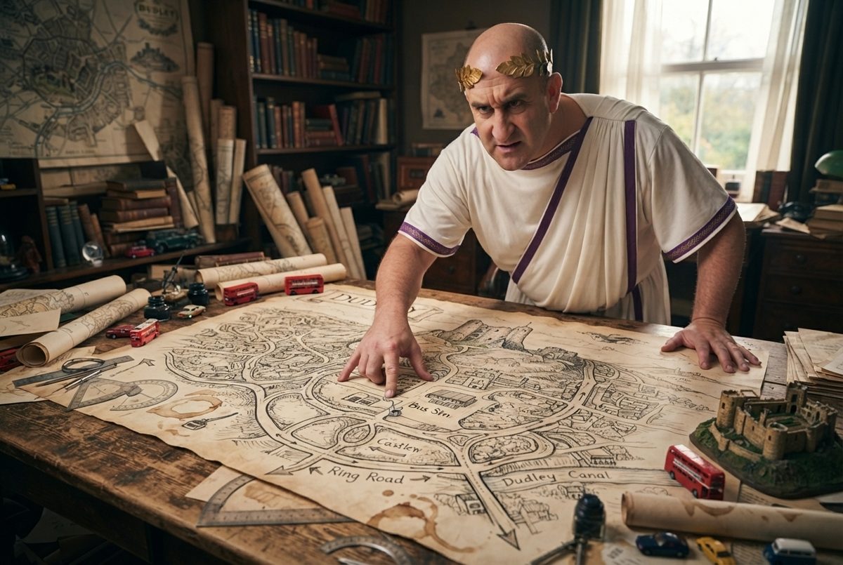 Darryll dressed as Caesar leaning over a huge hand-drawn map of Dudley covered in roads, a bus station, a castle and a canal, with toy buses scattered across the table