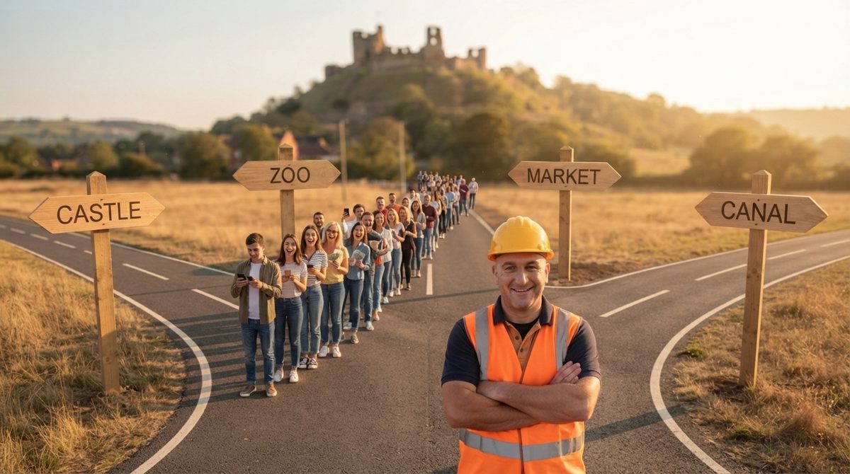 A junction splitting into four roads signed Castle, Zoo, Market and Canal, with a long queue of people on the Zoo road and Darryll in hi-vis grinning in the foreground