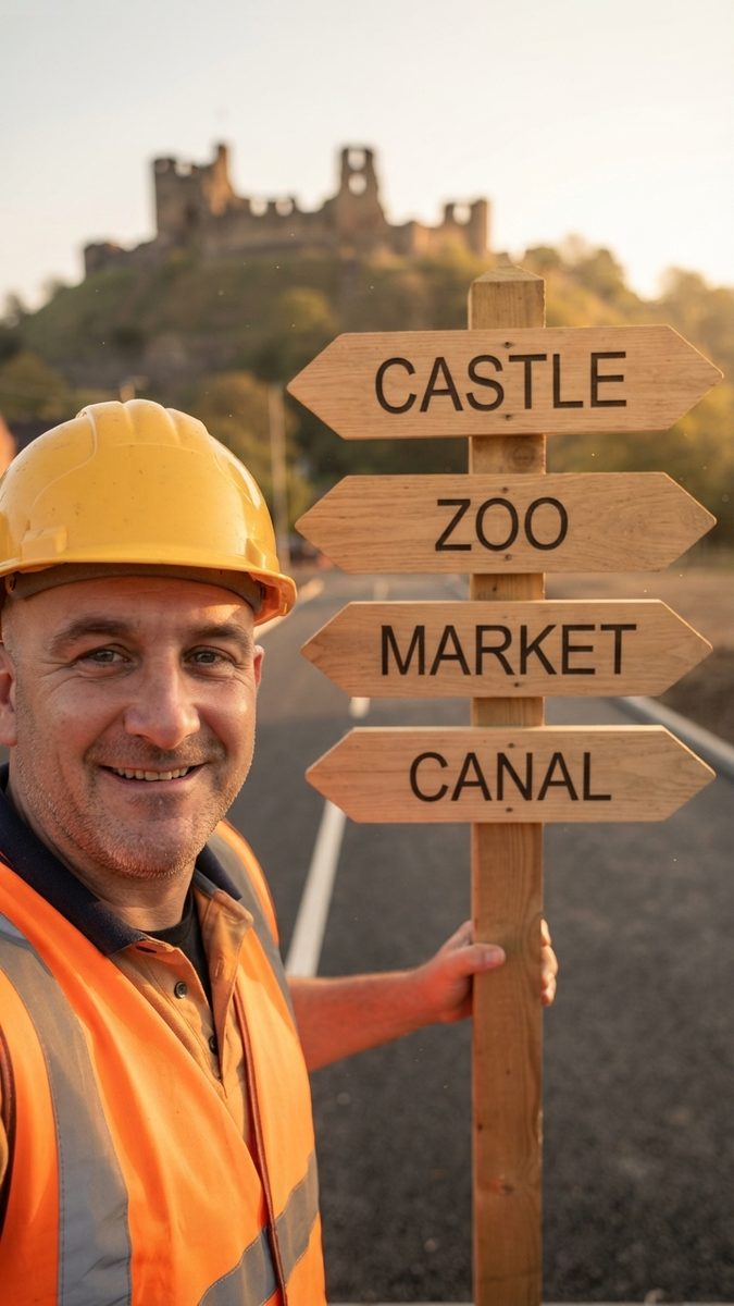 Darryll in a hard hat and hi-vis beside a wooden signpost with four arrows reading Castle, Zoo, Market and Canal, with the ruined castle on its hill behind