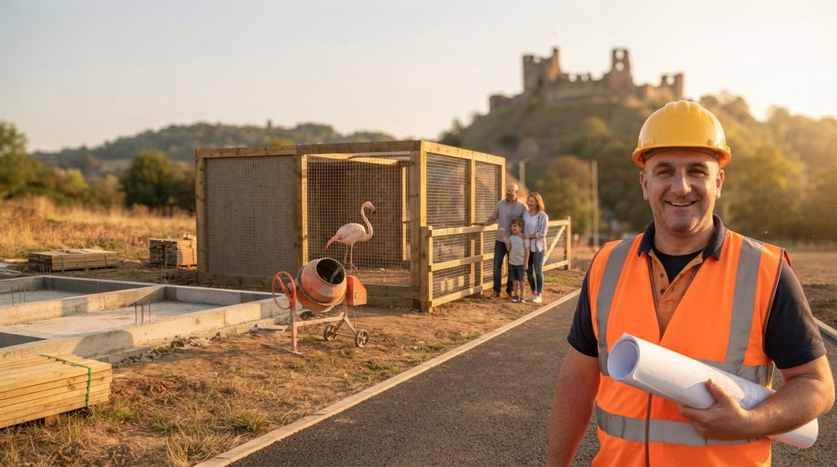 Darryll in a hard hat holding blueprints on a small building site, with fresh foundations, a cement mixer and one finished enclosure containing a single pink flamingo while a family watches
