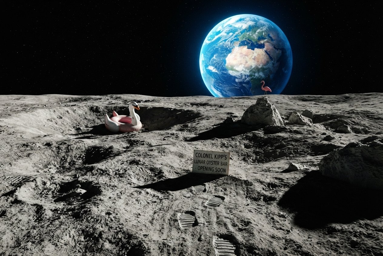 The Moon's surface with the blue Earth hanging in the black sky, a swan float, a pink flamingo and a sign for a lunar oyster bar