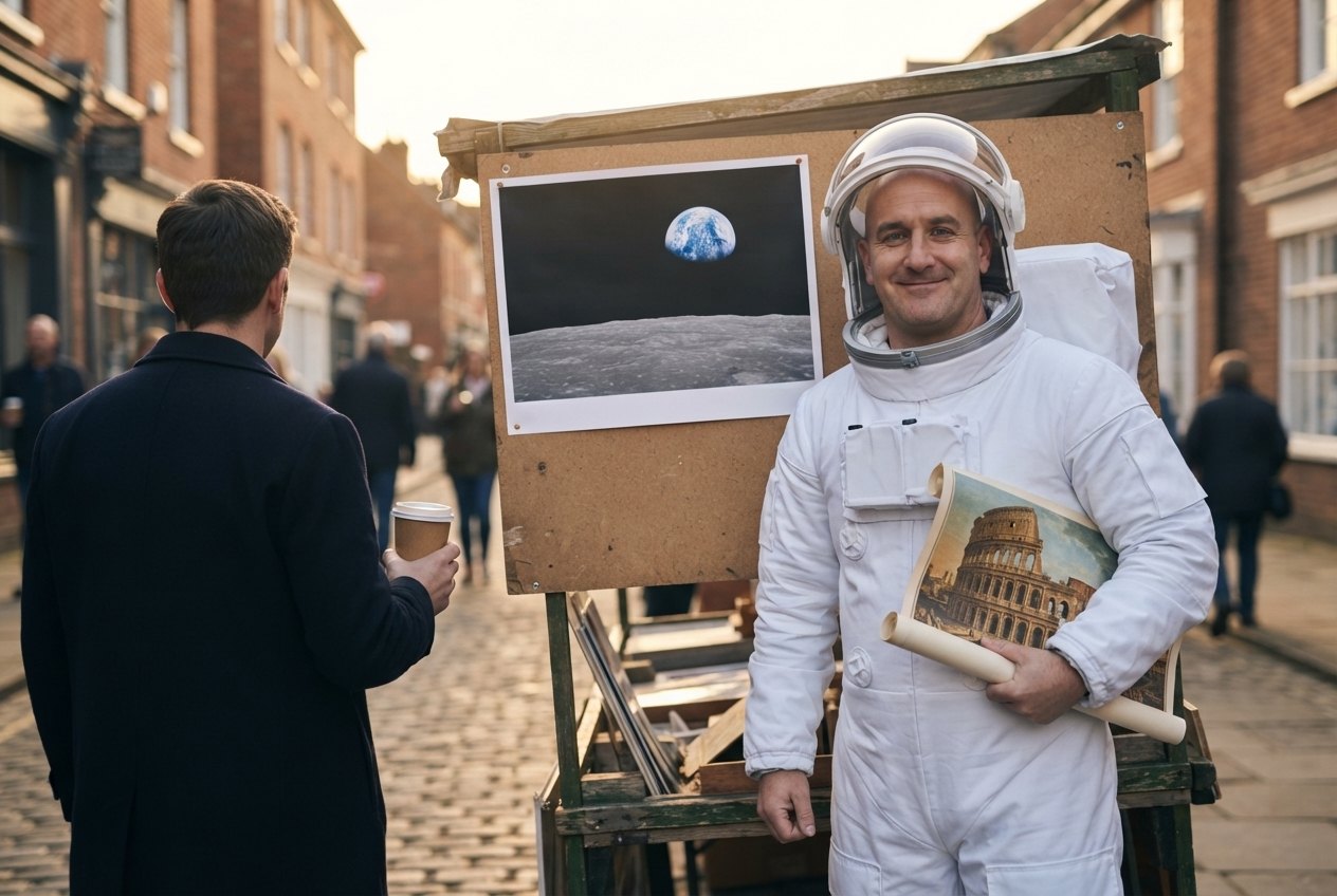 Darryll in a white spacesuit at the market stall with a Moon poster behind him, holding the Rome poster while a customer with a coffee walks away