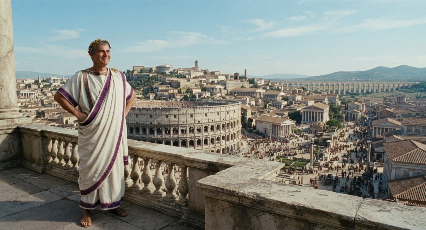 Julius Caesar standing proudly on a balcony above ancient Rome at its height, with the Colosseum and aqueducts behind him