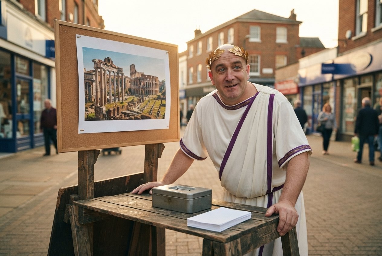 Darryll dressed as Caesar behind a wooden market stall, with a poster of Rome pinned to a board behind him